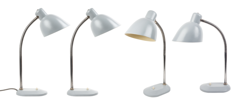 (restored) minimalist vintage light grey desk lamp isolated over a transparent background, office, workspace, reading, or interior design element, flexible lighting, different positions, side view