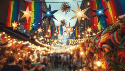 Colorful Street Market with Rainbow Decorations