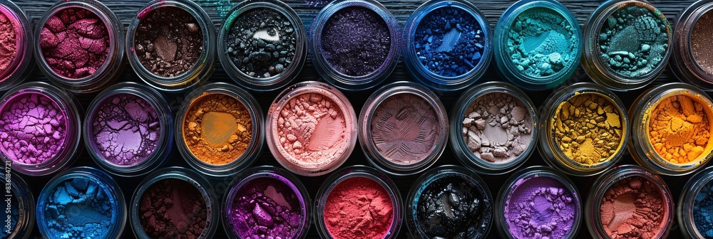 Poster A close-up view of assorted makeup pigments and powders in small jars, arranged in a grid. Generative AI