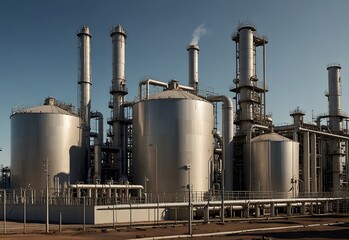 Industrial oil refinery complex with storage tanks, pipes, and chimneys under a night sky  describes the scene combining your keywords