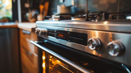 Sustainable technology with Energy Star appliances, close up on energyefficient oven, environmental impact, realistic, composite, mountain lodge kitchen backdrop