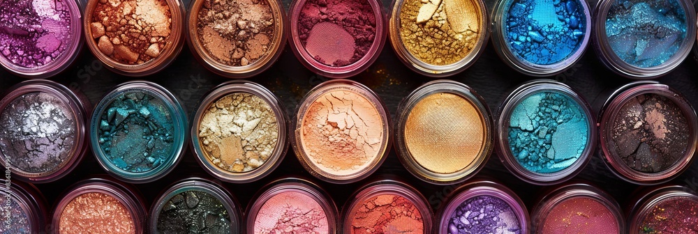 Poster close-up of colorful makeup pigments and powders arranged in small jars. generative ai