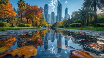 Kuwait City skyscrapers reflected into a small pool into a city park 