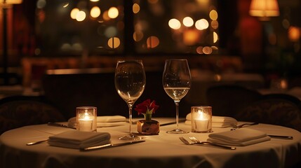 Elegant table setup in a dimly lit restaurant, romantic ambiance.