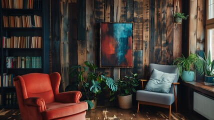 Cozy living room with red armchair, wooden wall, and plants