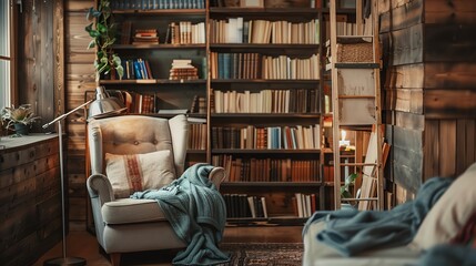 Cozy reading nook with armchair, bookshelves and soft lighting.