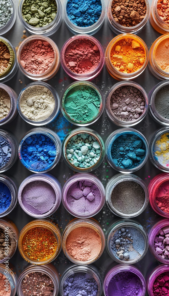 Poster A close-up of various colorful makeup pigments and powders arranged in small jars. Generative AI