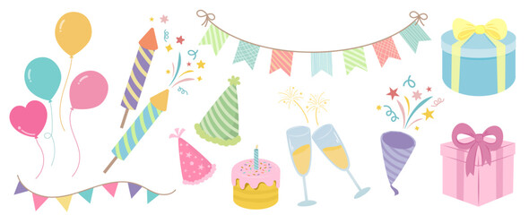 Birthday party, party icons set, gifts, balloon, birthday party cake decoration gift, vector illustration.