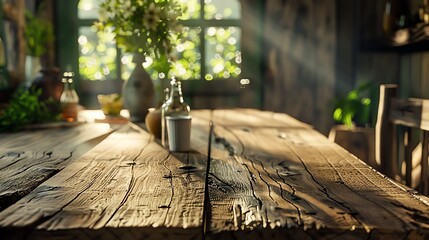 Rustic wooden table with sunlight streaming through window. Perfect for product displays.