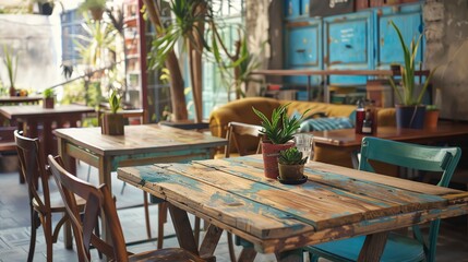 Rustic cafe interior with wooden tables and chairs, plants, and a blue door.