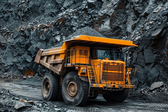 Large yellow coal mining truck in open pit quarry for extractive industry operations