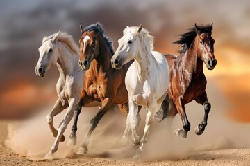 Naklejka premium Three majestic horses galloping wildly in the vast desert landscape under the clear blue sky