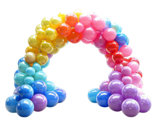Colorful balloon arch in a rainbow gradient, ideal for parties, celebrations, and festive decorations. Vibrant and cheerful design.