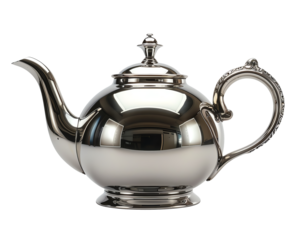 Elegant silver teapot with a shiny finish, showcasing a traditional design with ornate handle and spout isolated on a white background.