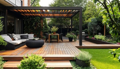Luxurious morning garden featuring teak wood deck and elegant black pergola design