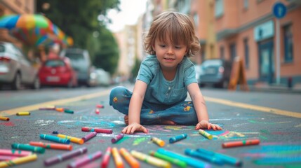 young boy playing with crayons drawing on street creatively 