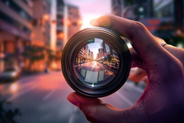 Urban city street reflected in camera lens, symbolizing visual communication through hands