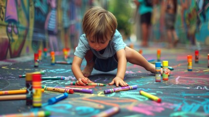 young boy playing with crayons drawing on street creatively 
