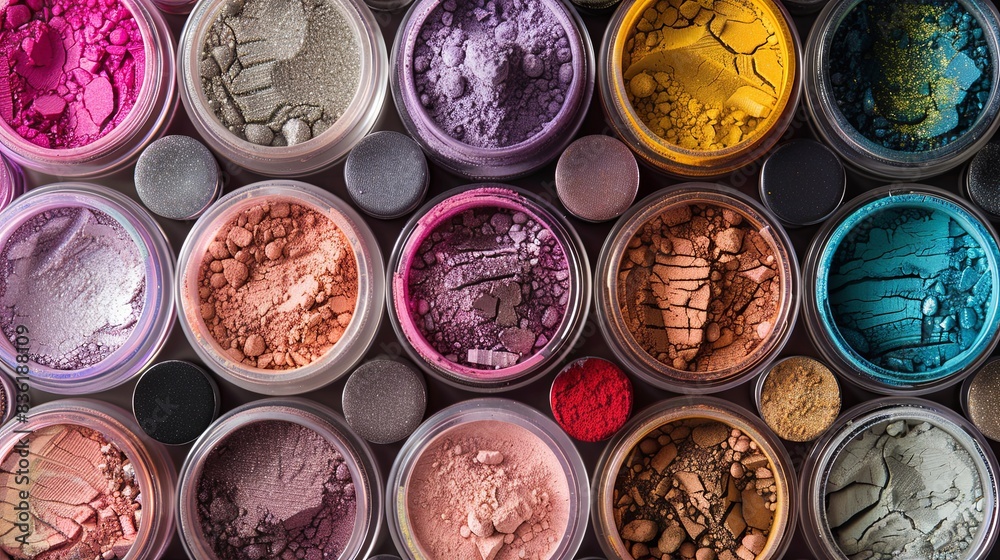 Poster An assortment of colorful makeup pigments and powders in small jars, arranged in a pleasing pattern. Generative AI