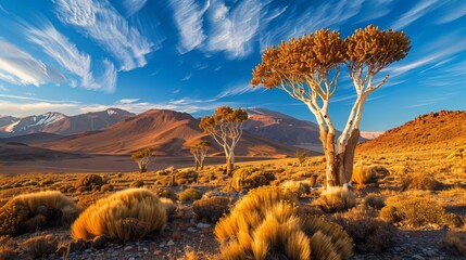 quiver trees desert, blue sky, white clouds, 16:9