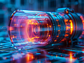 a camera with light emanating from it, creating a glowing effect. The camera is encased in a transparent material