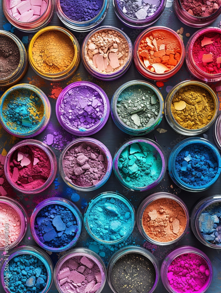 Poster An assortment of colorful makeup pigments and powders in small jars, arranged in a grid pattern on a dark surface. Generative AI