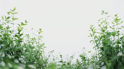 Fototapeta premium Out of Focus Green Plants Framing the Bottom Sides of a Pure White Background. Blurred Vegetation Creating a Soft Natural Border in a Minimalistic Composition.
