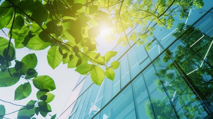Eco-friendly modern office building with green tree branches and sustainable glass design. Green architecture in urban environment promoting go green concepts and sustainability