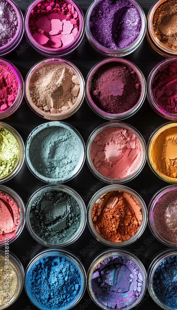 Poster close-up of colorful makeup pigment powders in small jars. generative ai