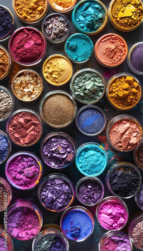Poster A close-up view of various colorful makeup pigments and powders in small glass jars, arranged in an artistic pattern. Generative AI