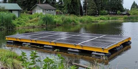 A solar panel array floats on a pond, surrounded by lush greenery
