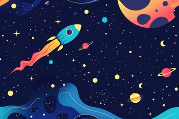 A vibrant and whimsical illustration of a rocket soaring through a colorful outer space, surrounded by stars, planets, and cosmic waves. .