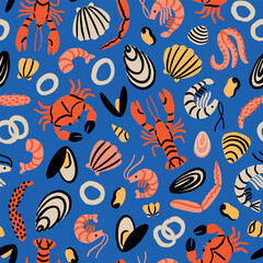 Delicious seafood doodles vector pattern&nbsp;with blue background