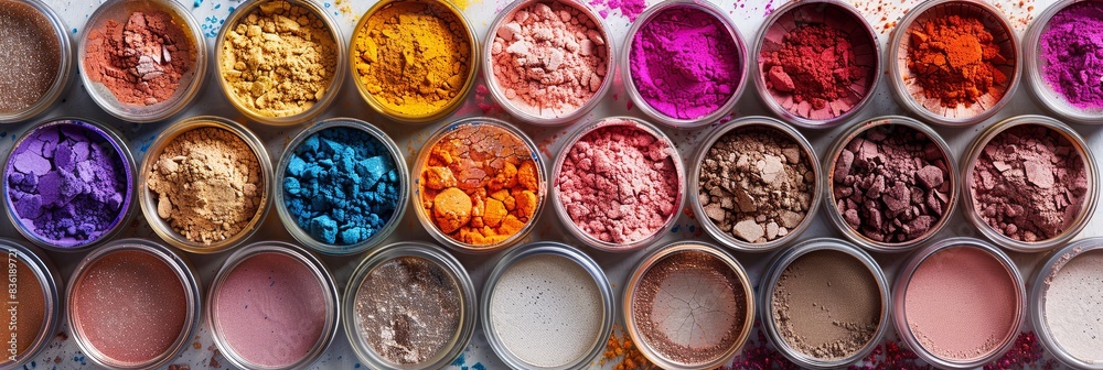Poster Close-up view of various colorful makeup pigments and powders arranged in small jars. Generative AI
