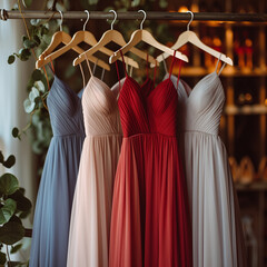 Elegant Collection of Colorful Evening Dresses on Hangers in Boutique Setting