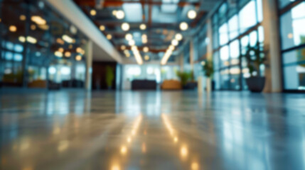Blurred office background. Abstract blur of modern office interior with polished concrete floor, large windows, and bokeh lights.
