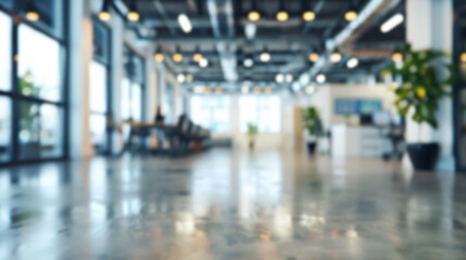 Fototapeta premium Blurred modern office background. Wide blurred image of a modern open plan office space with natural light, ideal for background use.