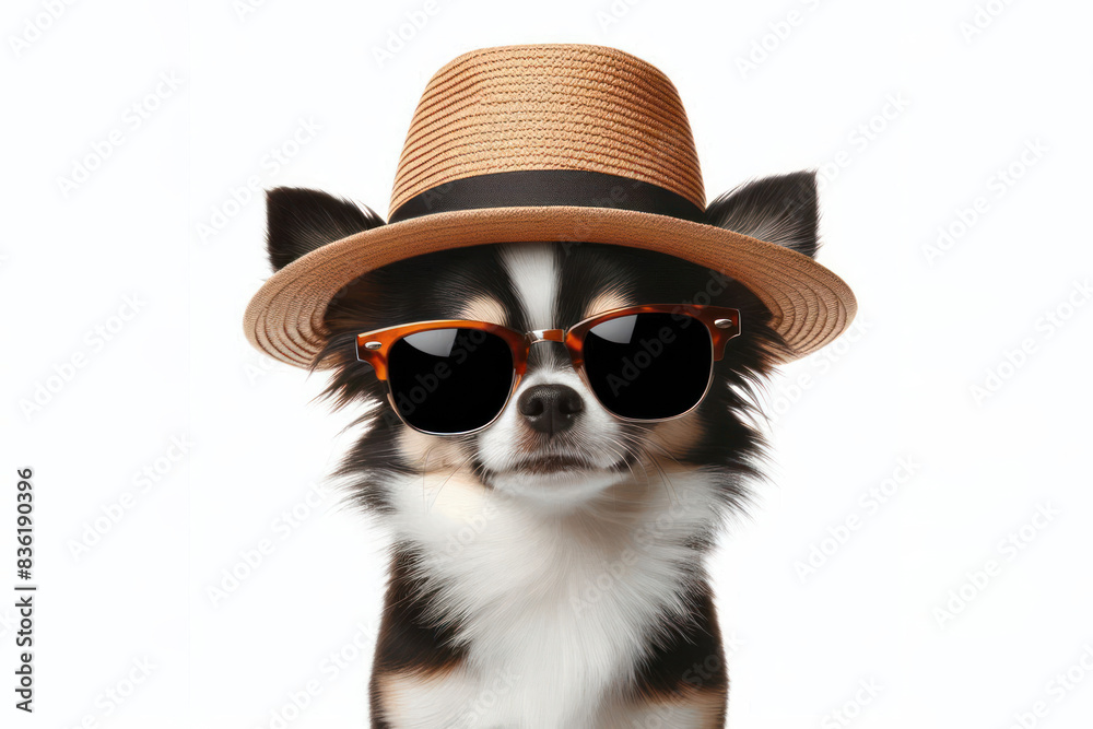 Wall mural chihuahua dog with hat and sunglasses isolated on white background