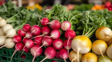  A vibrant farmer's market display of radishes, their bright red and white colors standing out among other fresh produce