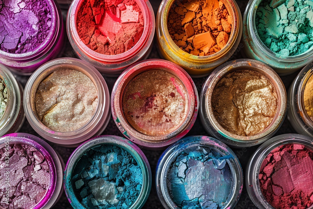 Poster a close-up of various makeup pigments and powders in small jars. generative ai