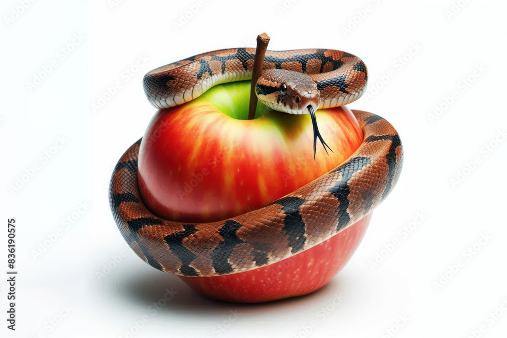 Wall mural close up snake slithering around an apple isolated on white background