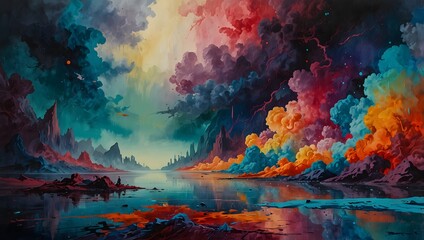 Fototapeta premium A surreal dreamscape in a painting, where reality blends seamlessly into abstract colors ai_generated
