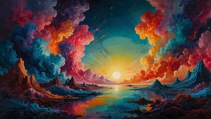 Obraz premium A surreal dreamscape in a painting, where reality blends seamlessly into abstract colors ai_generated