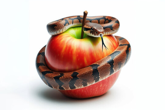 Close up Snake slithering around an apple Isolated on white background