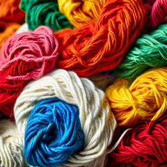 a close up of a pile of colorful wool featuring a red green blue yellow and white wool arran generate ai,
