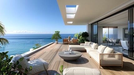 a balcony with a couch and a table on it overlooking the ocean