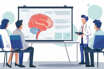 Medical team in a conference room discussing human brain anatomy with detailed diagrams and notes on a whiteboard.