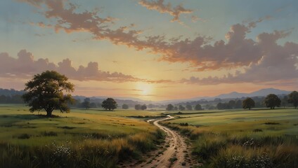 Fototapeta premium A serene landscape painting of a tranquil countryside scene, with soft hues blending into the horizon ai_generated