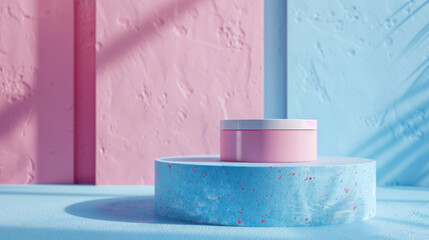 A pink and blue sculpture sits on a blue pedestal