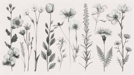 Monochrome botanical illustration featuring various delicate flowers and plants, perfect for artistic and decorative purposes.